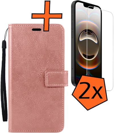 Hoes - Met 2x Screenprotector - Geschikt voor Apple iPhone 16e - Luxe Pasjeshouder - Bookcase Portemonee - Flip Case - Kunstleer Book Case - Flipcase Hoes - Book Cover - Walletcase - PortemonneeHoes - Rosé goud