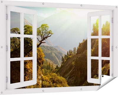 Gards Tuinposter Doorkijk Bos in de Bergen met Zonneschijn - Kleur - 150x100 cm - Tuindoek - Tuindecoratie - Wanddecoratie buiten - Tuinschilderij