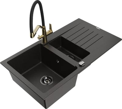 Mexen Matias granieten spoelbak 1,5-komorige met druiprek en keukenkraan Duo, zwart/gouden metallic - 6502-75-671701-57-B