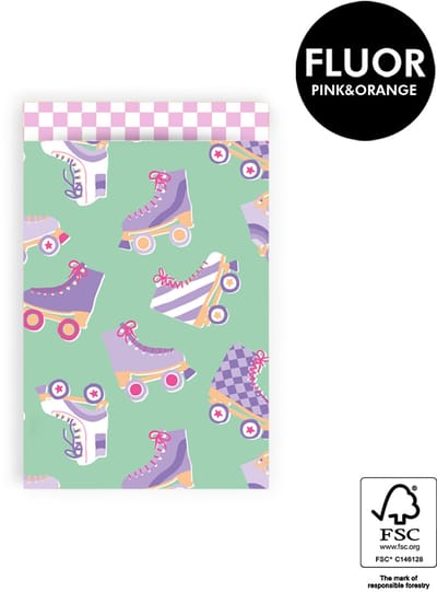 Cadeauzakjes voor kinderen- Vrolijke lila-kleurige rolschaatsen -Inpakzakje van papier- Uitdeelzakje voor traktaties- 10 zakjes van 12x19 cm