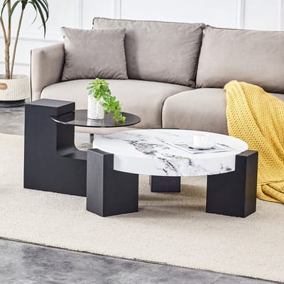 PHOEBE CAT Salontafel - Set van 2 - Marmerlook - Ronde bijzettafel - Glazen blad - Wit + Zwart