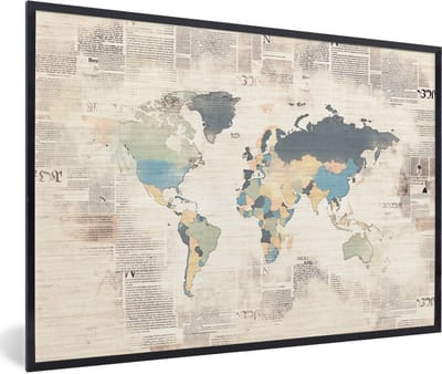 Poster in lijst - Fotolijst 90x60 cm - Posters - Wereldkaart - Vintage - Pastel - Posterlijst zwart - Decoratie - Wanddecoratie woonkamer - Muurdecoratie slaapkamer