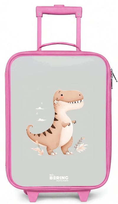 NoBoringSuitcases.com® - Kinderkoffer roze - Kindertrolley meisje - Dino in beige en grijze kleuren - Koffer kind lichtgewicht - Reiskoffer trolley voor kinderen - Koffertje met lichtgevende wieltjes - Rolkoffer