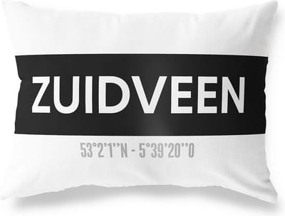 Tuinkussen ZUIDVEEN - OVERIJSSEL met coördinaten - Buitenkussen - Bootkussen - Weerbestendig - Jouw Plaats - Studio216 - Modern - Zwart-Wit - 50x30cm