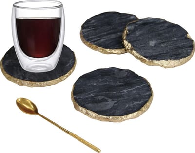 Marmer Onderzetters  4-delig - onderzetters voor glazen -  marmer onderlegger - luxe onderzetter(set) zwart/goud
