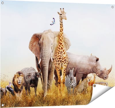 Gards Tuinposter Afrikaanse Dieren op het Gras - Afrika - 100x80 cm - Tuindoek - Tuindecoratie - Wanddecoratie buiten - Tuinschilderij