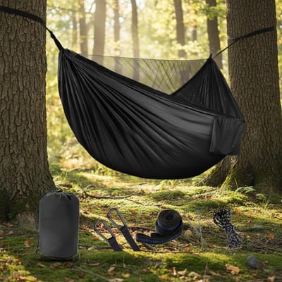 Campinghangmat - met muggennet - draagvermogen 300 kg - (290x140 cm) - Nylon parachutestof - ademend en sneldrogend - complete accessoires - eenvoudig te monteren reishangmat - zwart