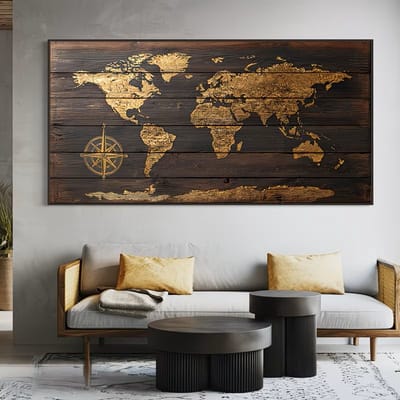 Canvas poster - Wereldkaart - World map - Vintage kaart - Goud zwart wanddecoratie - Grote muurdecoratie - 70x140 cm - ZONDER LIJST - Industrieel