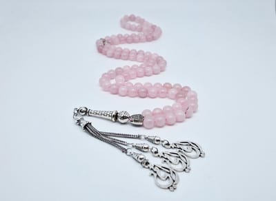 Handgemaakte tesbih "Tasbih" natuursteen "Roze kwartz" - Aantal kralen 99 - Diameter kralen 8MM - met metaal tassel "Mijn moeder" - Een mooi cadeau-idee