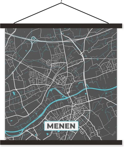 Posterhanger incl. Poster 60x60 cm - Schoolplaat - Kaart – Plattegrond – Stadskaart – Menen – België - Grijs - Textielposter - Zwarte latten - Stadskaart