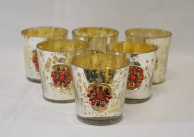 ZoeZo Design - 6 stuks - waxinelichtjeshouder - vintage - glas - kerst - goud - rood - H7,5 x Ø 6,5 cm