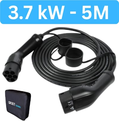 Laadkabel Type 2 16A 1 Fase | 3,7 kW | 5 Meter | Inclusief laadkabel tas | IP65 | 2 Jaar garantie | Mennekes aansluiting | Laadkabel auto | Zwarte 5 meter kabel TPU | CE, ISO & RoHs gecertificeerd