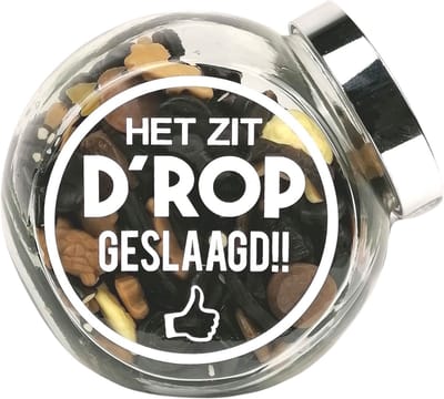 Snoeppot "Het zit d'rop - Geslaagd" gevuld met drop - drop cadeau - geslaagd cadeau - diploma cadeau