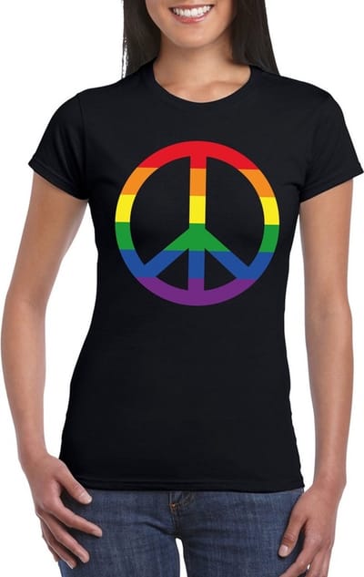 Gay pride regenboog peace teken shirt zwart dames - LGBT/ Lesbische shirts S