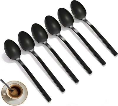 Multifunctionele zwarte theelepels van titanium-geanodiseerd roestvrij staal, vaatwasserbestendig, set van 6