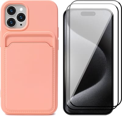 Hoesje Pasjeshouder geschikt voor iPhone 15 Pro - 2x Screenprotector FullGuard - Siliconen Case Back Cover Roze & Screen Protector