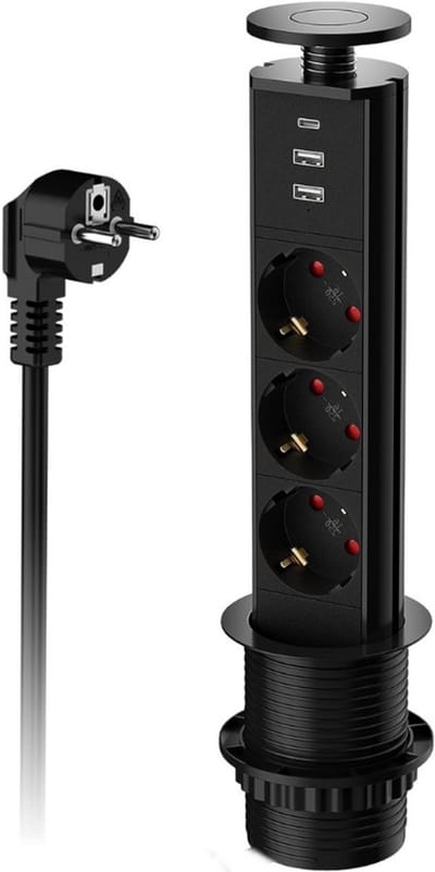 Thuys – Inschuifbaar Stopcontact – Met USB-C – 3 – Voudig Tafelstopcontact – Inbouwmodel – Met 1,8 m Kabel –Zwart