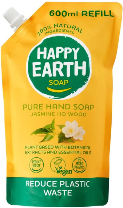 Happy Earth Handzeep Navulling Jasmine Ho Wood - 100% Natuurlijke Ingrediënten - Microplasticvrij - Refill - Antibacterieel – Plantaardige formule - 0% SLS/SLES of parabenen – Heerlijke geur – 600 ml