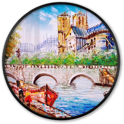 Poster in lijst Rond - Fotolijst 60x60 cm - Posters - Schilderij - Parijs - Boot - Brug - Ronde posterlijst zwart - Decoratie - Wanddecoratie woonkamer - Muurdecoratie slaapkamer