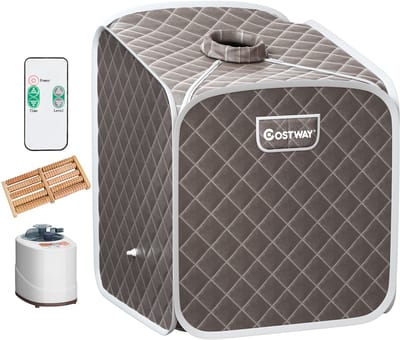COSTWAY Mini-stoomsauna, 2l, warmtecabine met verstuivingsfunctie, timer, 9 temperatuurniveaus, zitsauna inclusief afstandsbediening, stoel, saunakabine, 85 x 84 x 106 cm (grijs)