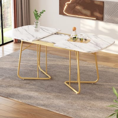 STILVORA Eettafel - Uitbreidbare Tafel Met Marmerstructuur En Goudkleurige Metalen Poten Voor 4-6 Personen - MDF - 140/180x80 Cm - Wit