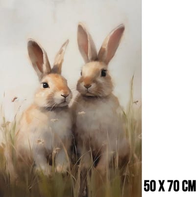 Allernieuwste.nl® Canvas Schilderij Twee Konijnen in Veld – 50 x 70 cm – Realistische Dierenkunst Muurdecoratie – Dieren - Wanddecoratie
