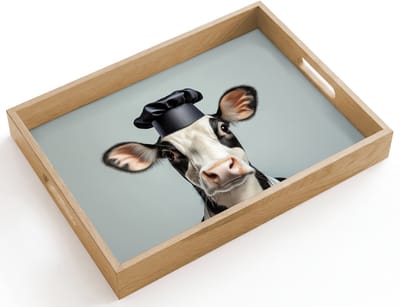 Dienblad hout 40x30 cm - Schootdienblad - Koe - Zwart - Wit - Kok - Borrelplank rechthoek - Plateau dienbladen