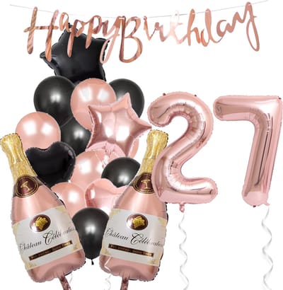 27 Jaar Verjaardag Cijferballon 27 - Feestpakket Snoes Ballonnen Pop The Bottles - Rose Zwart Versiering