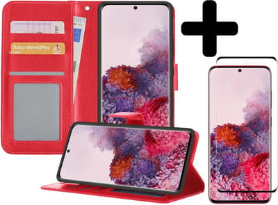 Hoesje - Met Screenprotector - Geschikt voor Samsung Galaxy S20 Ultra - Luxe Pasjeshouder - Bookcase Portemonee - Flip Case - Kunstleer Book Case - Flipcase - Book Cover - Walletcase - Portemonneehoes - Telefoonhoesjes - Rood