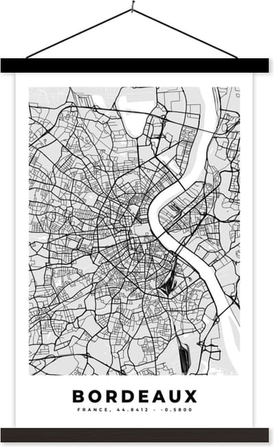 Posterhanger incl. Poster 40x60 cm - Schoolplaat - Plattegrond - Bordeaux - Stadskaart - Kaart - Frankrijk - Textielposter - Zwarte latten - Stadskaart