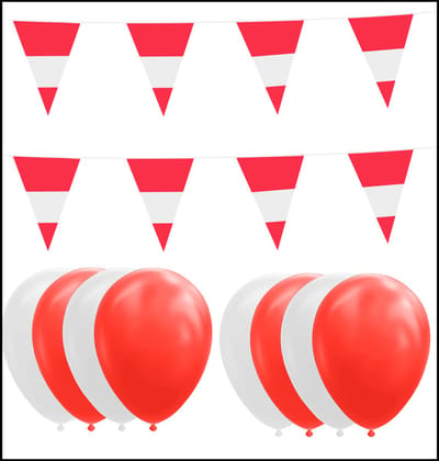 Oostenrijk feestpakket Big - 6x Vlaggenlijn 10 meter + 100 ballonnen rood/wit - Versiering Slinger Feestdecoratie Decoratie