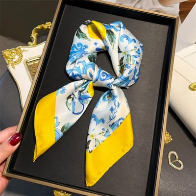 Écharpe Carrée en Soie d'Été pour Femmes de Luxe 70x70cm Imprimé Citron avec Fleurs Foulards Bandeau pour Cheveux Châle Jaune Bandana Hijab Enveloppant 70x70cm gray