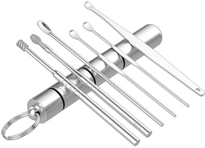 Oorwasverwijderingsset - Multifunctionele oordopjes - Oormassager - Zesdelige set - Geschikt voor volwassenen en kinderen - Roestvrij staal - 9,7 x 1,4 x 1,4 cm - Geschikt voor dagelijks gebruik door het gezin of op reis - Zilver