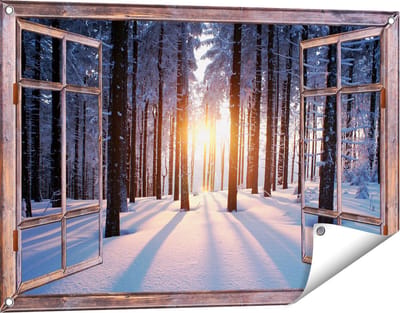 Gards Tuinposter Doorkijk Bos met Sneeuw tijdens de Zonsondergang - 90x60 cm - Tuindoek - Tuindecoratie - Wanddecoratie buiten - Tuinschilderij