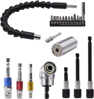 Boor Verlengset - Universele Socket Tool - Moeilijke Plekken - 105 Graden Hoek - 3 Stuks Set - Zilver