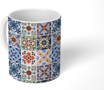 Mok - Koffiemok - Design - Bloemen - Oranje - Blauw - Abstract - Mokken - 350 ML - Beker - Koffiemokken - Theemok