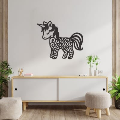 Wanddecoratie Eenhoorn - Muurdecoratie Eenhoorn - Muurdecoratie Hout - Wanddecoratie Hout - Muurdecoratie Woonkamer - Wanddecoratie Woonkamer - Wanddecoratie Industrieel - Wanddecoratie Dieren - Home Decor - Wall Line Art - 71 x 59 cm