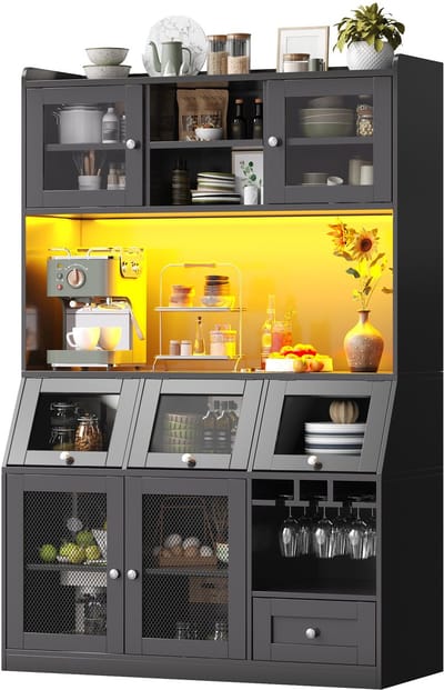 MODENUIT Keukenkast - Opbergkast Met LED, USB En Glazen Klepdeur - Voor Keuken En Eetkamer - MDF - 120x40x181,7 Cm