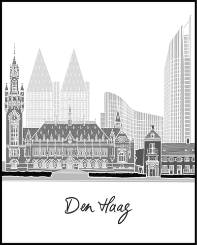 Poster Den Haag - Zwart Wit - Stadsgezicht - Skyline The Hague - Vredespaleis - Torentje - Binnenhof 50x40