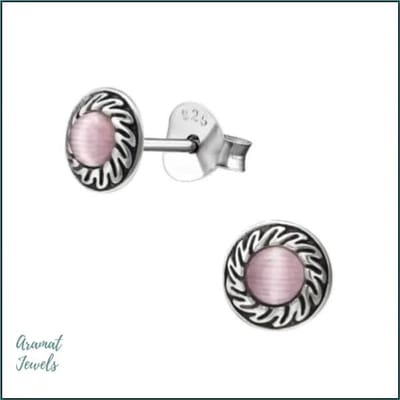 Aramat Jewels | Oorbellen | 925 Zilveren Bali Oorbellen Rond - Etnisch Design | Roze Cat eye/6mm | | | Zilver | Kinderen, Volwassenen | Verkleurd niet