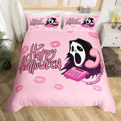 Halloween Beddengoed Set 3-delig Roze Cartoon Skelet Dekbedovertrek Grappige Horror Geest 140x200cm 3pcs