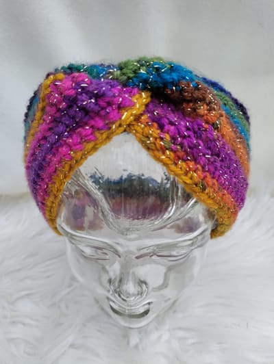 Handgemaakte haarband / hoofdband / oorwarmer in paars, roze, blauw, geel, groen met glinsterdraad gehaakt Maat L