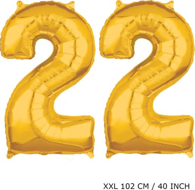 Mega grote XXL gouden folie ballon cijfer 22 jaar.  leeftijd verjaardag 22 jaar. 102 cm 40 inch. Met rietje om ballonnen mee op te blazen.