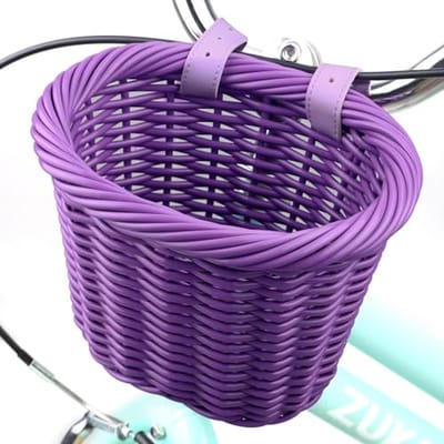 Woven Fietsmand voor Kinderen - Gevlochten Stuurmand met Leren Riem - Decoratief en Afneembaar - Paars