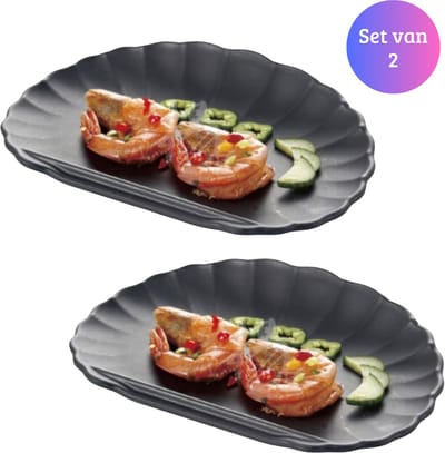Janse® Sushi servies set van 2 schelpen - Sushi schalen zwart - Sushi serveer set - Restaurant keramisch servies set - Fruitschaal - Cadeau - Keramiek - Sushi borden - Sushi set - Moederdag - Serveerschalen - Hapjes - Tapas