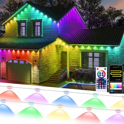MUPOO Permanente Buitenverlichting 15m – IP65 Waterdichte RGBIC Smart WIFI Eaves Lights – LED Dakrandverlichting met Scènes & Muziek Sync – Voor Kerst, Verjaardag, Tuin & Alle Feestdagen