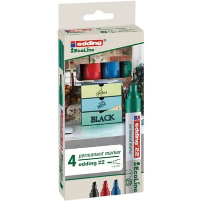edding 22 Ecoline permanent marker - zwart, rood, blauw, groen - 4 stiften - beitelpunt 1-5 mm - water en wrijfvast - voor karton, kunststof, hout, metaal, etc. - alcohol markers voor volwassenen