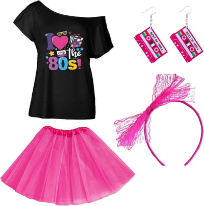 Jaren 80 feestkostuumset met T-shirt, tutu-rok, oorbellen en hoofdband voor themafeesten, discoparty's en retro evenementen