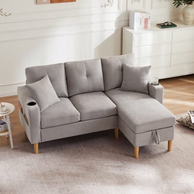 L-Vorm Moderne Bank - Met Opbergruimte En Cupholders - Driezitsbank Met Verplaatsbare Chaise Longue - Grijs - Inclusief 2 Kussens