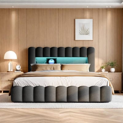 Gestoffeerd bed 180x200, Bubbelbed met hydraulische opbergruimte, USB-oplaadfunctie en LED-verlichting, tweepersoonsbed, de onderkant van het bedframe is afgedicht, kinderbed, grijs linnen, zonder matras